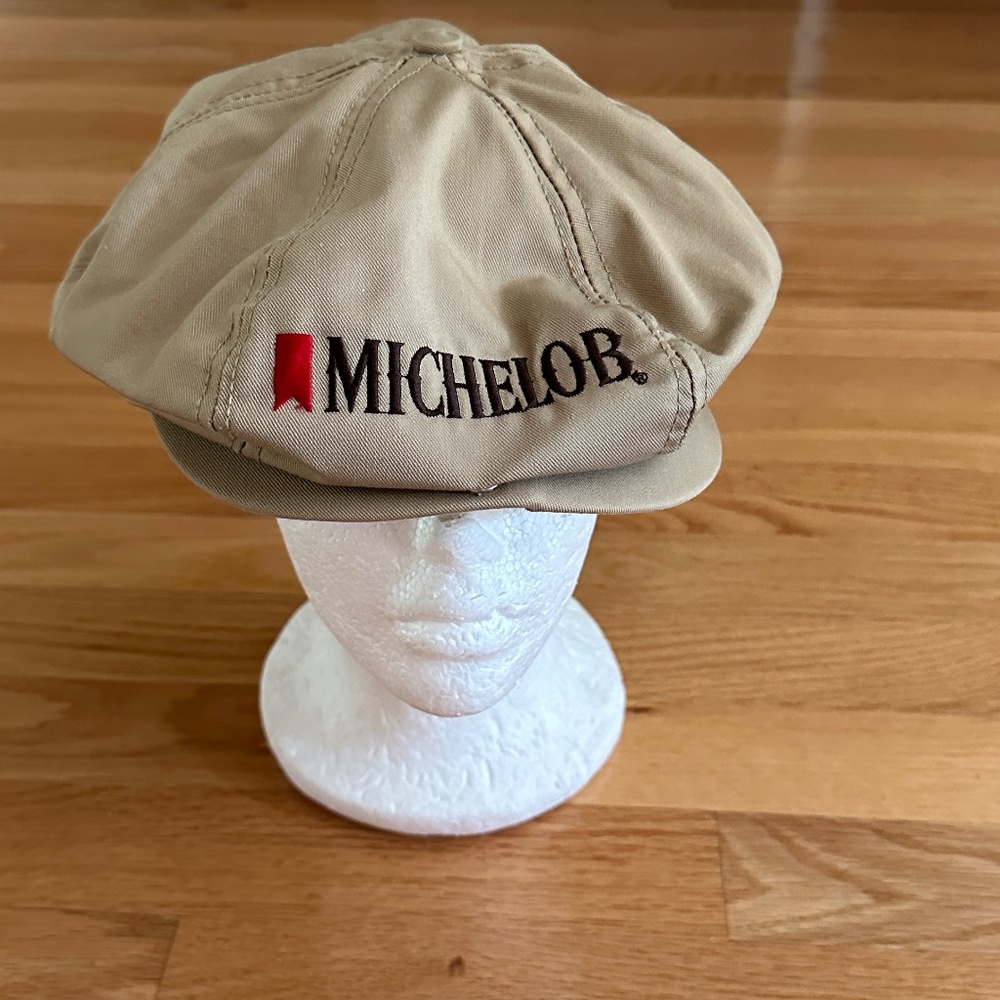 Vintage Michelob Flat Cap Newsboy Hat Cabbie Snapback Stylemaster Tan